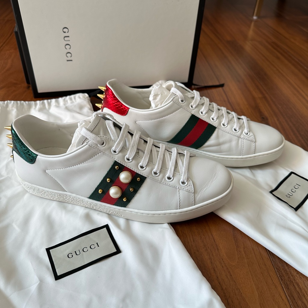 Authentic Gucci ‘New Ace’ Studded Low Top Sneakers White Womens Size Eu 39